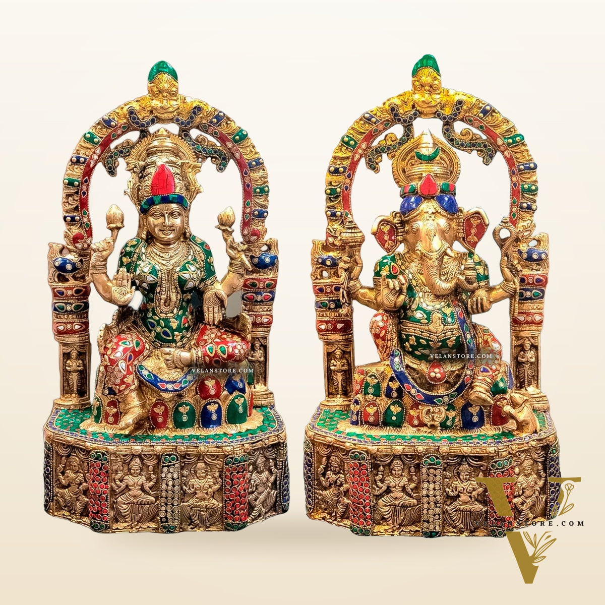 Sacred Harmony: Brass Ganesha and Lakshmi statue pair 20"