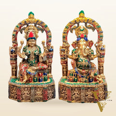 Sacred Harmony: Brass Ganesha and Lakshmi statue pair 20"