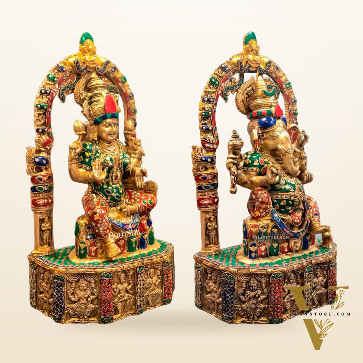 Sacred Harmony: Brass Ganesha and Lakshmi statue pair 20"