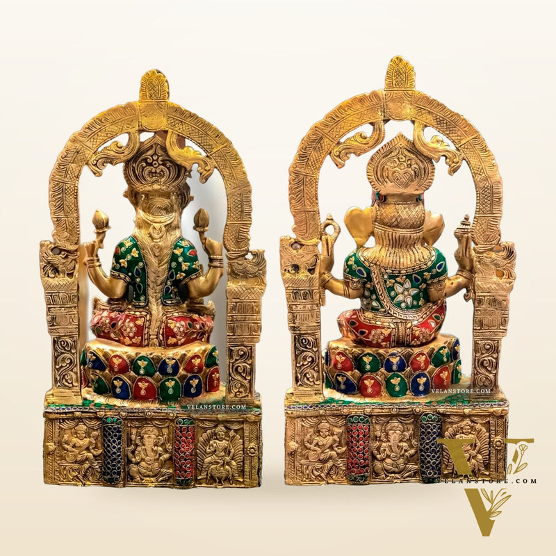 Sacred Harmony: Brass Ganesha and Lakshmi statue pair 20"