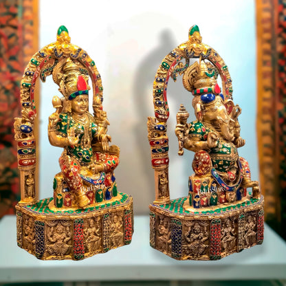 Sacred Harmony: Brass Ganesha and Lakshmi statue pair 20"