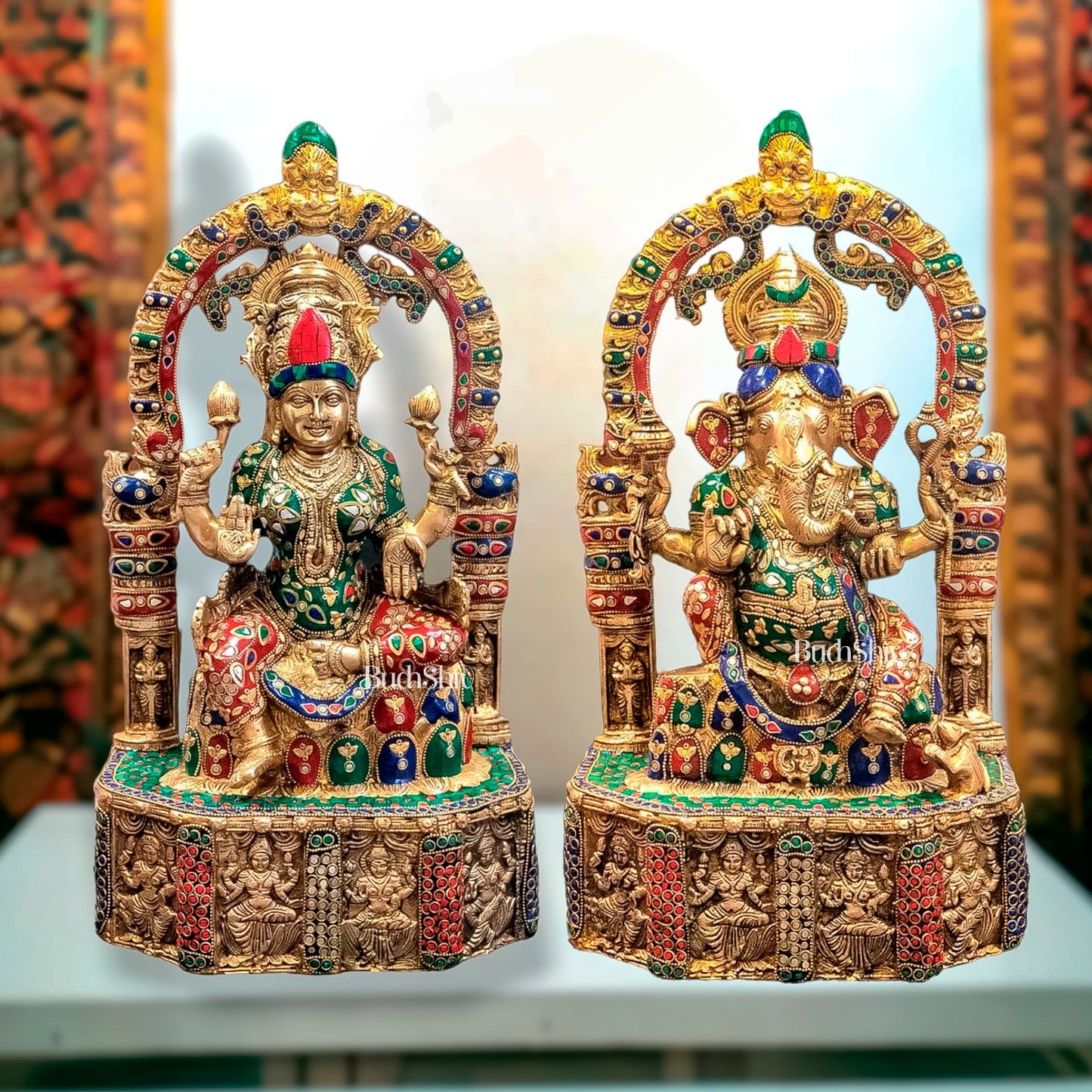 Sacred Harmony: Brass Ganesha and Lakshmi statue pair 20"