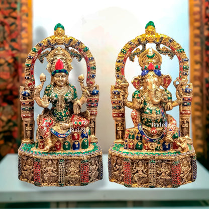 Sacred Harmony: Brass Ganesha and Lakshmi statue pair 20"