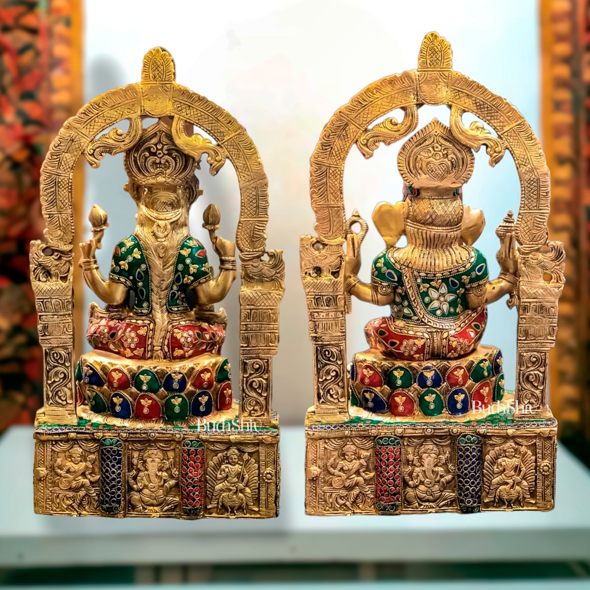 Sacred Harmony: Brass Ganesha and Lakshmi statue pair 20"