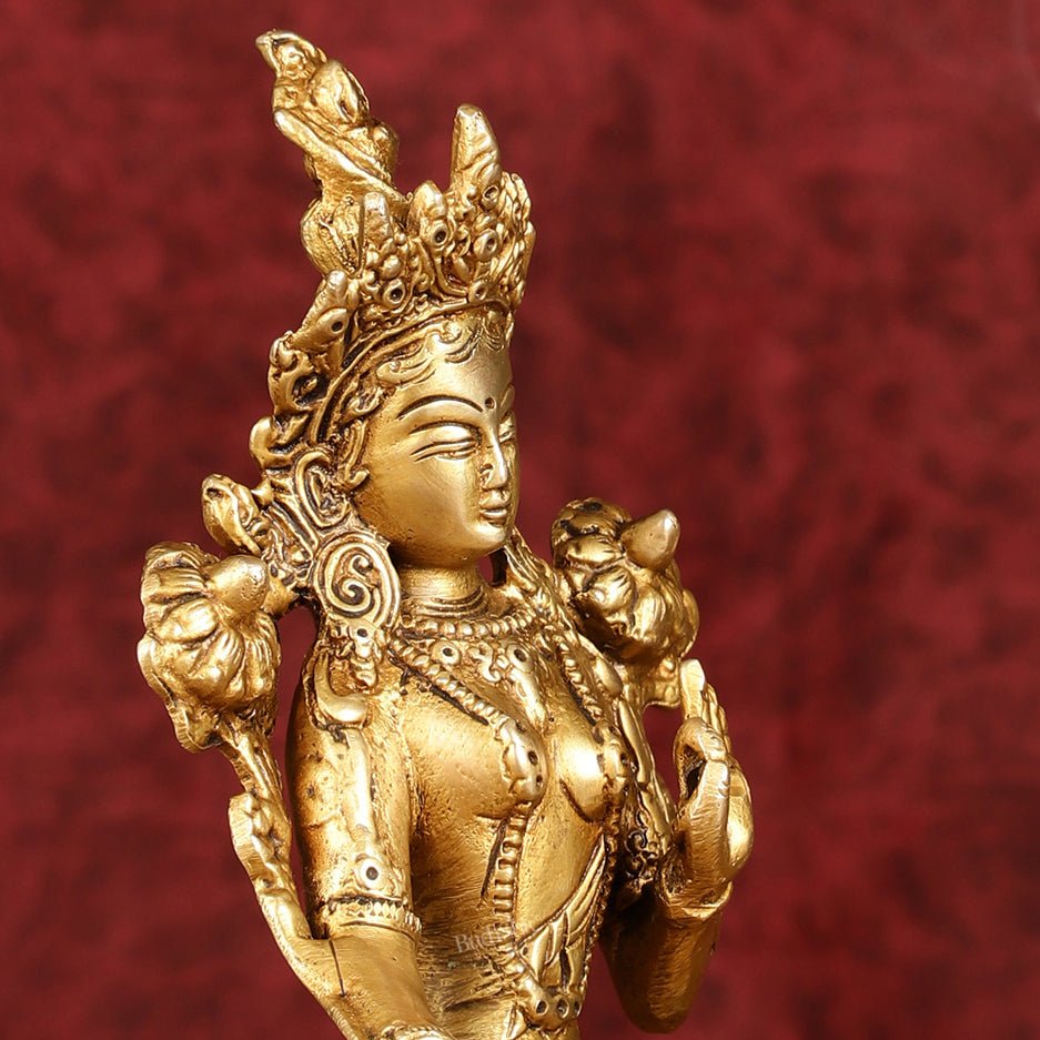 Sacred Pure Brass Green Tara Devi Idol - Handcrafted Sculpture 8"