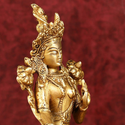 Sacred Pure Brass Green Tara Devi Idol - Handcrafted Sculpture 8"