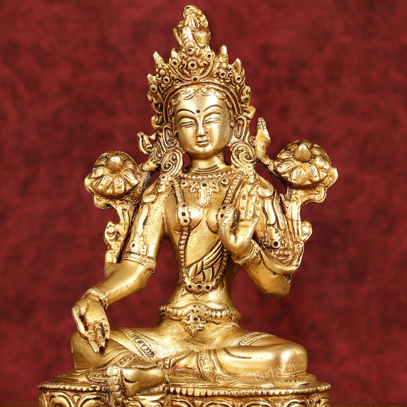 Sacred Pure Brass Green Tara Devi Idol - Handcrafted Sculpture 8"