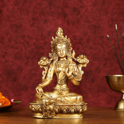 Sacred Pure Brass Green Tara Devi Idol - Handcrafted Sculpture 8"