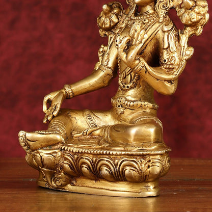 Sacred Pure Brass Green Tara Devi Idol - Handcrafted Sculpture 8"