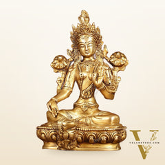 Sacred Pure Brass Green Tara Devi Idol - Handcrafted Sculpture 8"