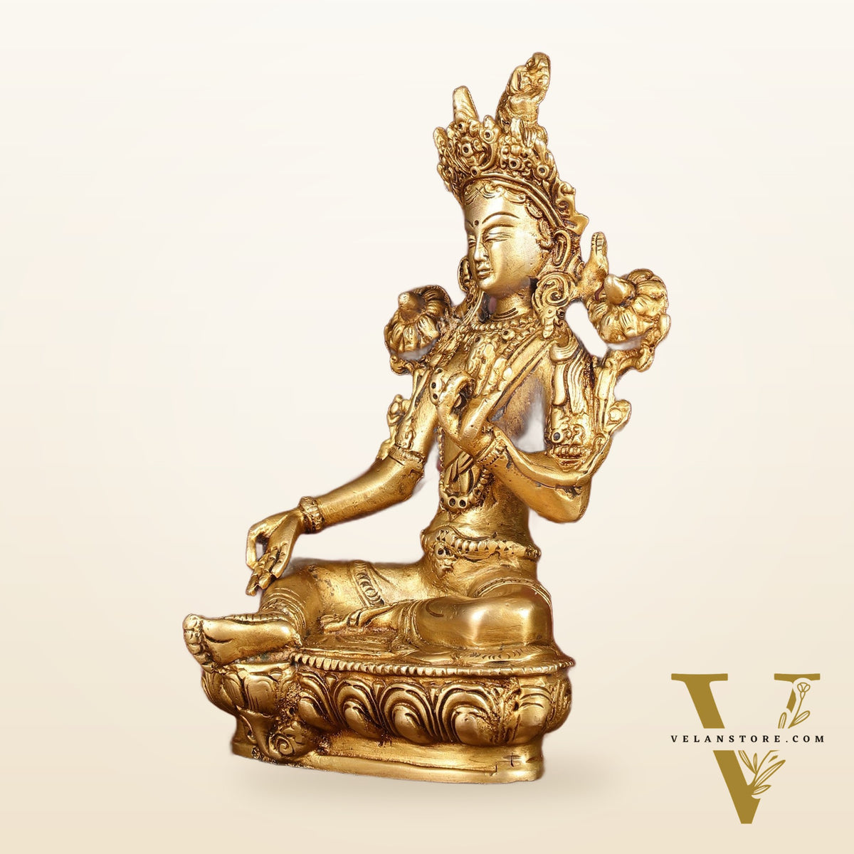 Sacred Pure Brass Green Tara Devi Idol - Handcrafted Sculpture 8"