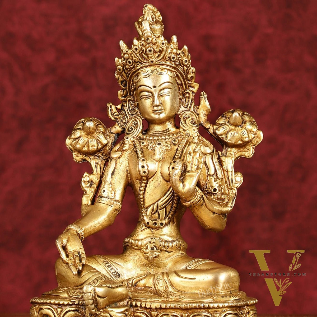 Sacred Pure Brass Green Tara Devi Idol - Handcrafted Sculpture 8"