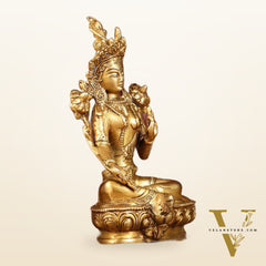 Sacred Pure Brass Green Tara Devi Idol - Handcrafted Sculpture 8"