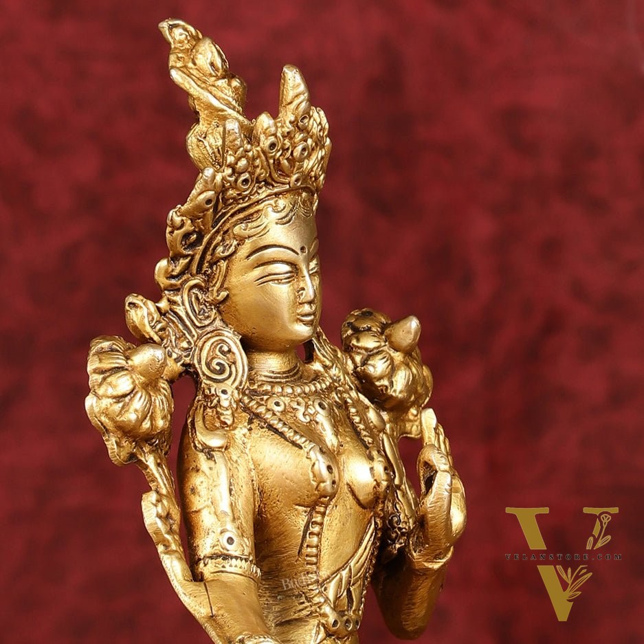 Sacred Pure Brass Green Tara Devi Idol - Handcrafted Sculpture 8"