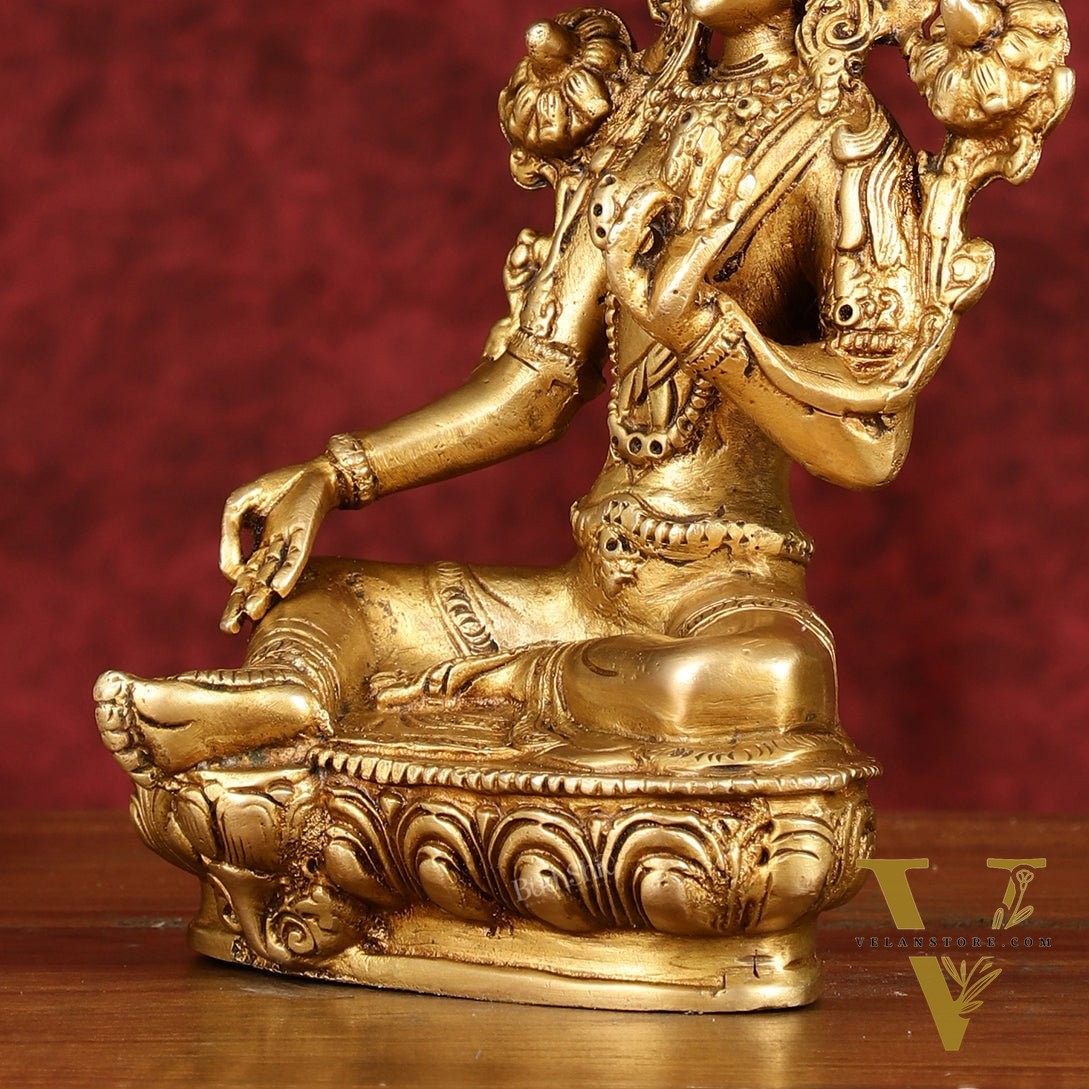 Sacred Pure Brass Green Tara Devi Idol - Handcrafted Sculpture 8"