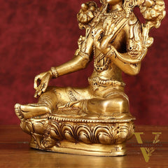Sacred Pure Brass Green Tara Devi Idol - Handcrafted Sculpture 8"