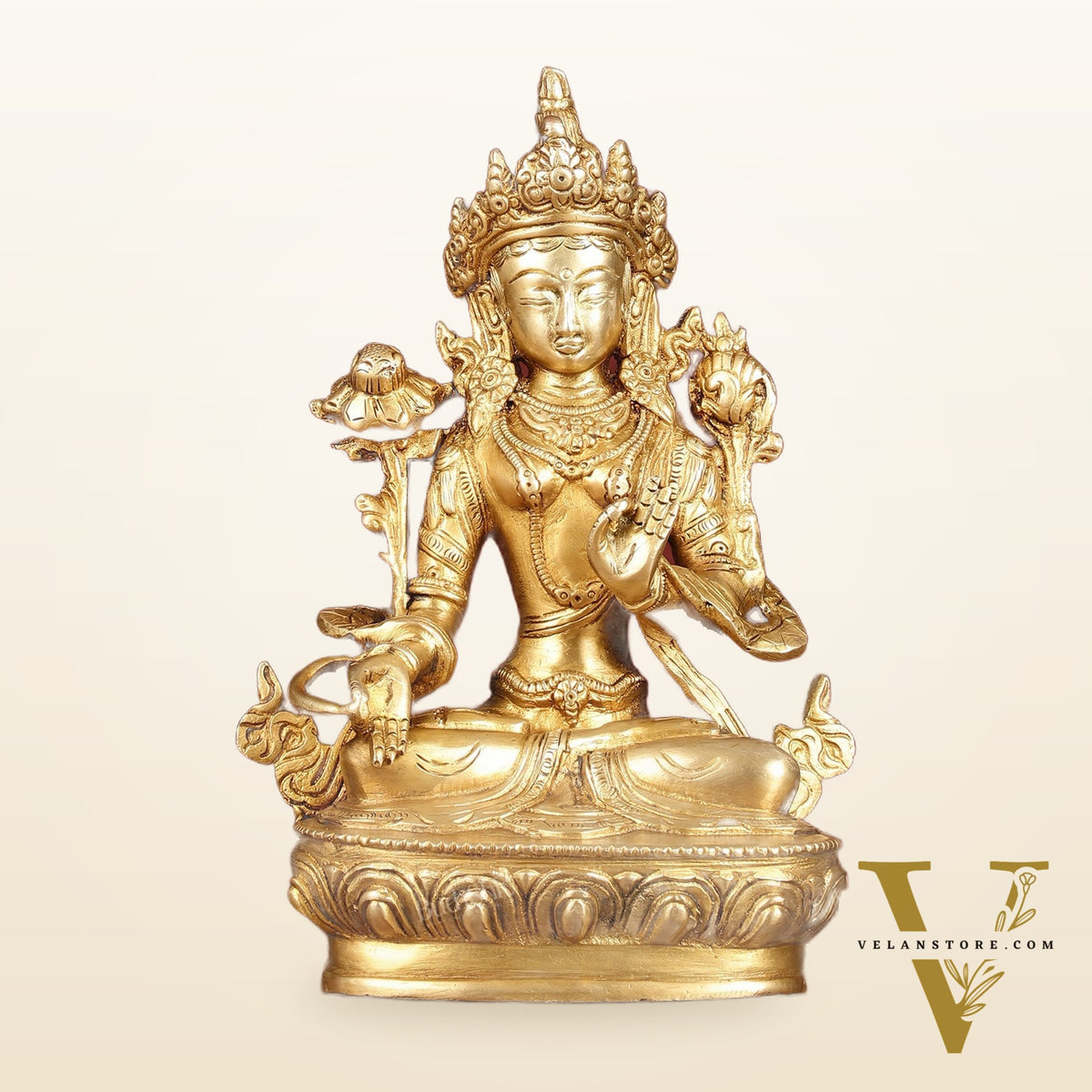 Sacred Pure Brass white Tara Devi Idol - Handcrafted Sculpture 8"