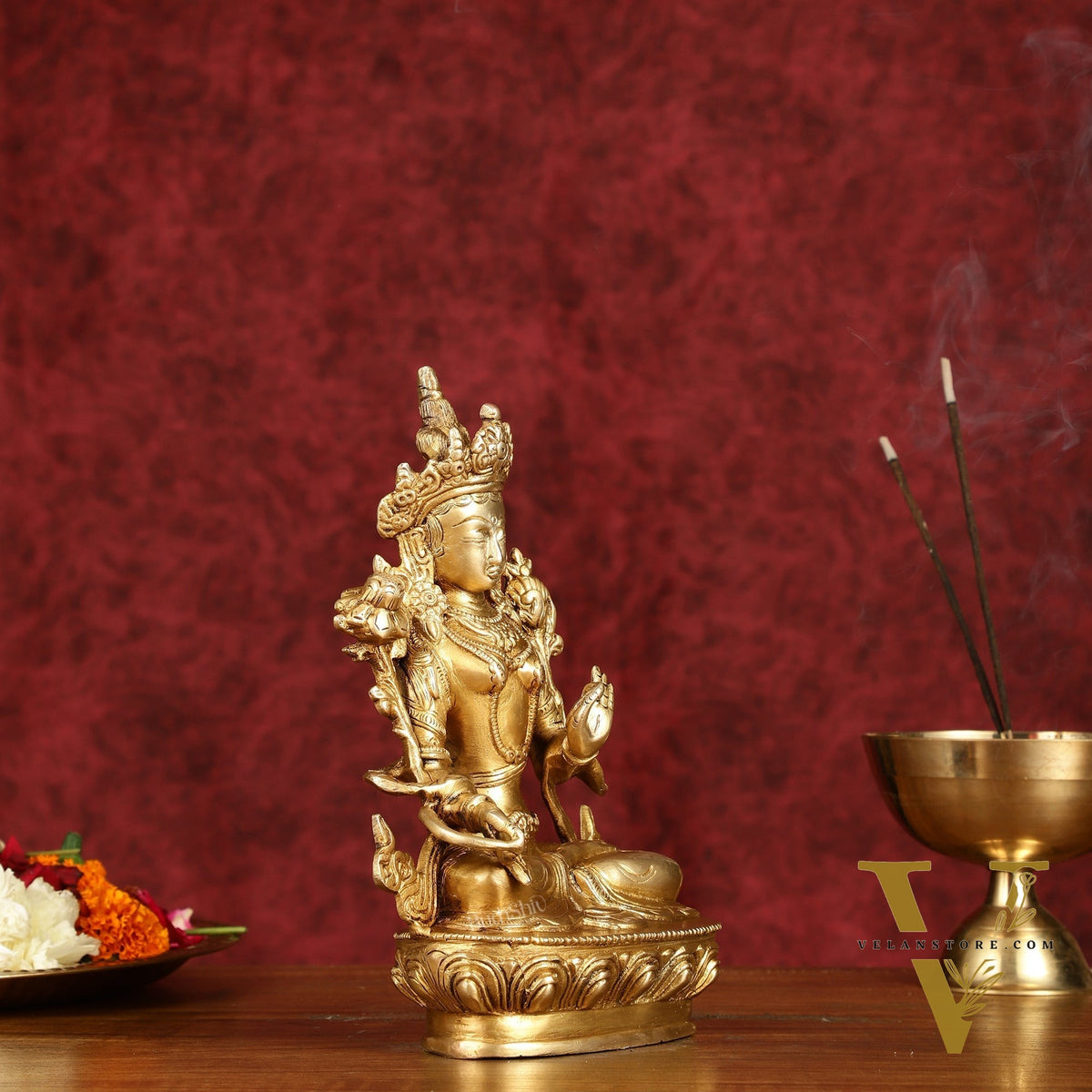 Sacred Pure Brass white Tara Devi Idol - Handcrafted Sculpture 8"