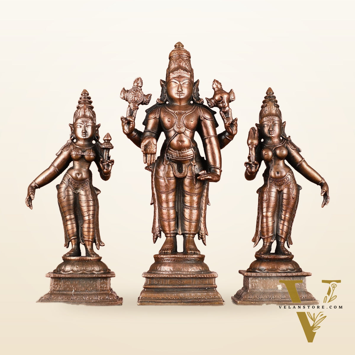 Sacred Pure Copper Lord Tirupati Balaji with Bhudevi and Sridevi Perumal Set 6.5"