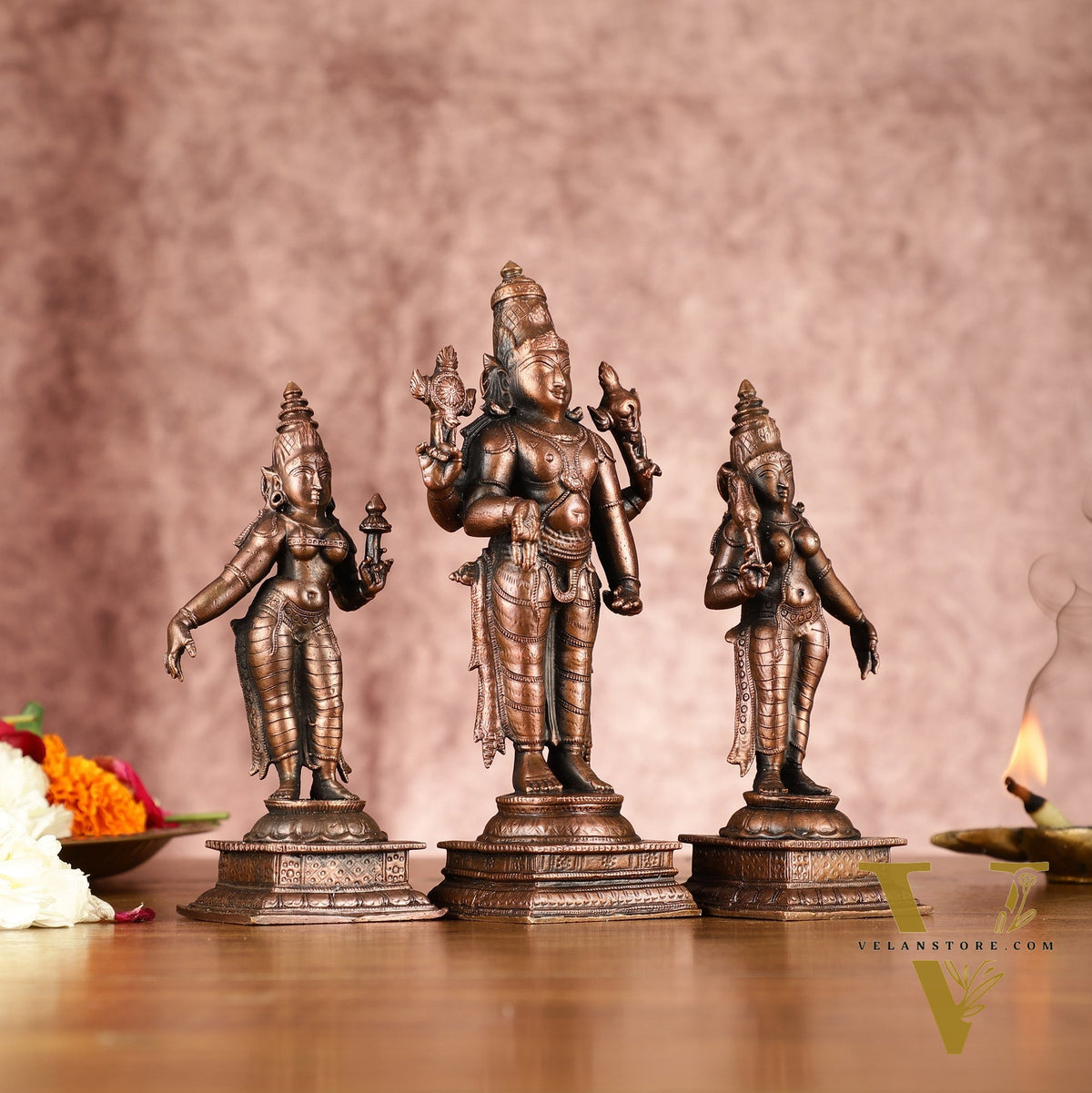 Sacred Pure Copper Lord Tirupati Balaji with Bhudevi and Sridevi Perumal Set 6.5"