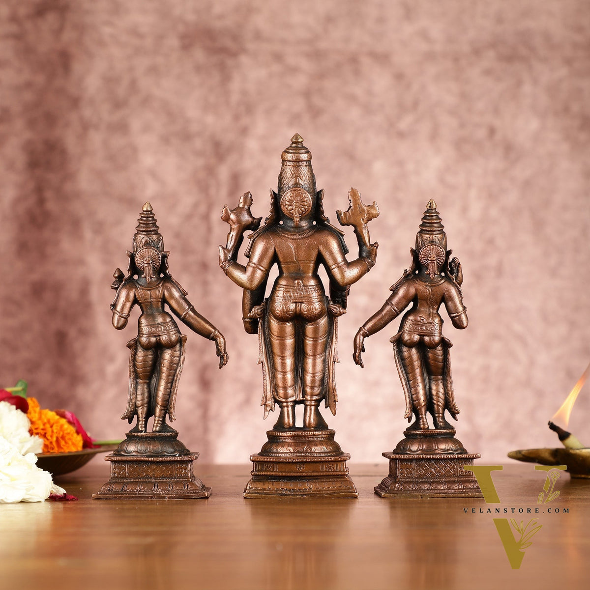 Sacred Pure Copper Lord Tirupati Balaji with Bhudevi and Sridevi Perumal Set 6.5"