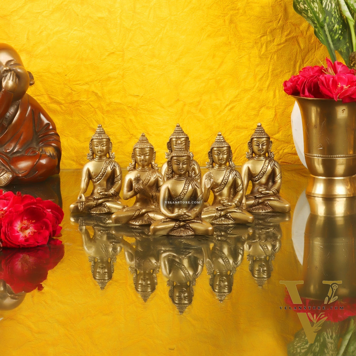 Sacred Set of 6 Miniature Pure Brass Buddha Statues - 6 Mudras