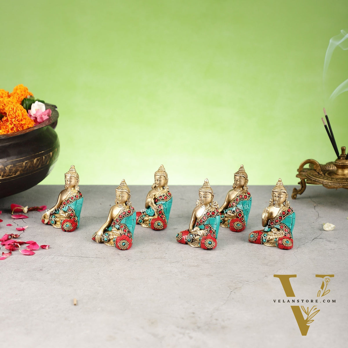 Sacred Set of 6 Miniature Pure Brass Buddha Statues - 6 Mudras