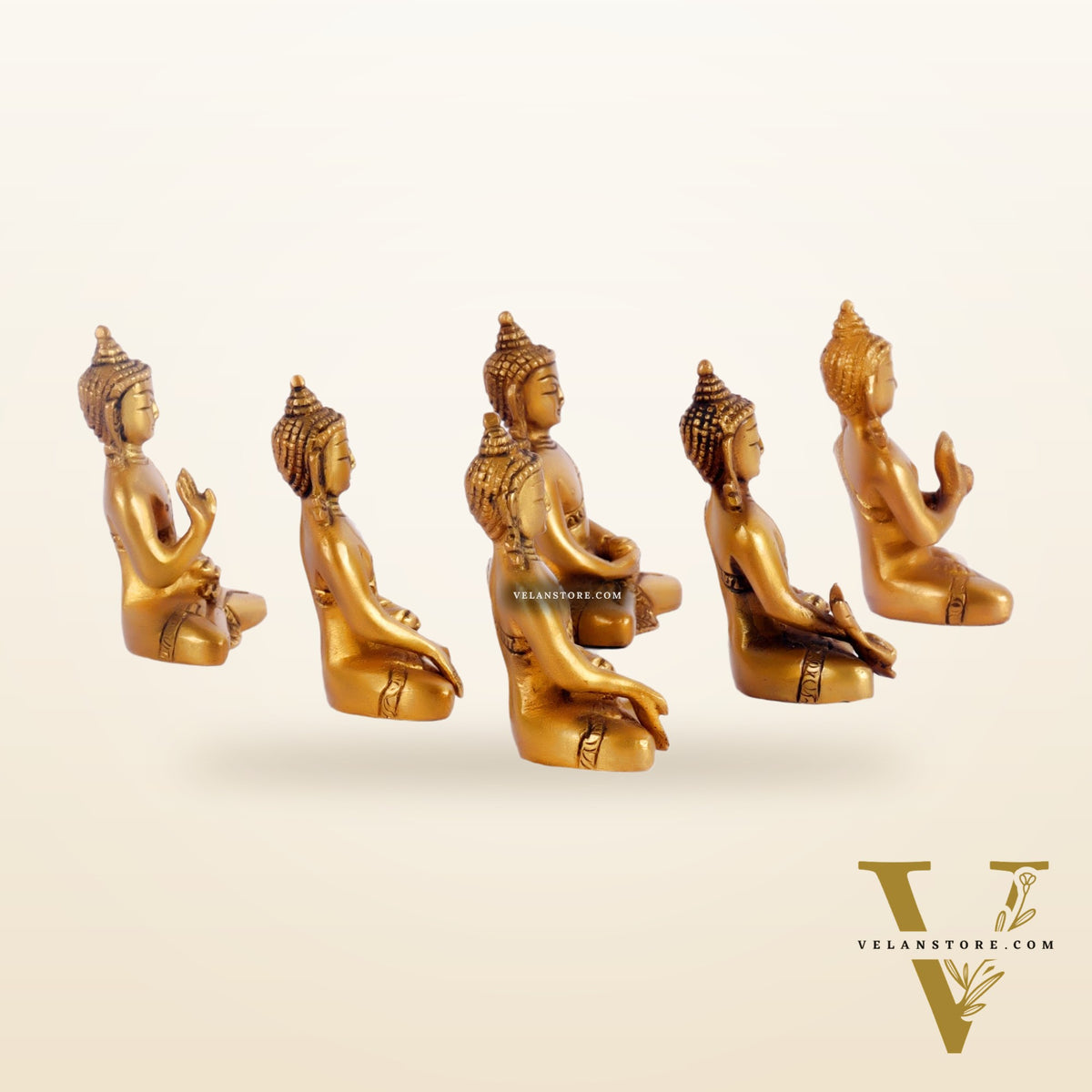 Sacred Set of 6 Miniature Pure Brass Buddha Statues - 6 Mudras