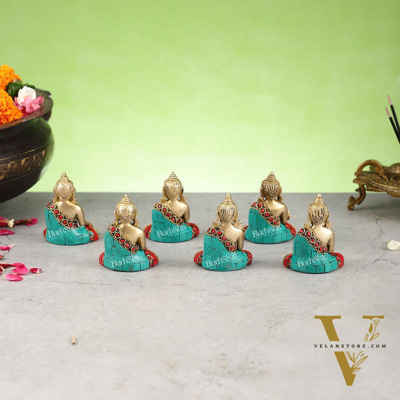 Sacred Set of 6 Miniature Pure Brass Buddha Statues - 6 Mudras