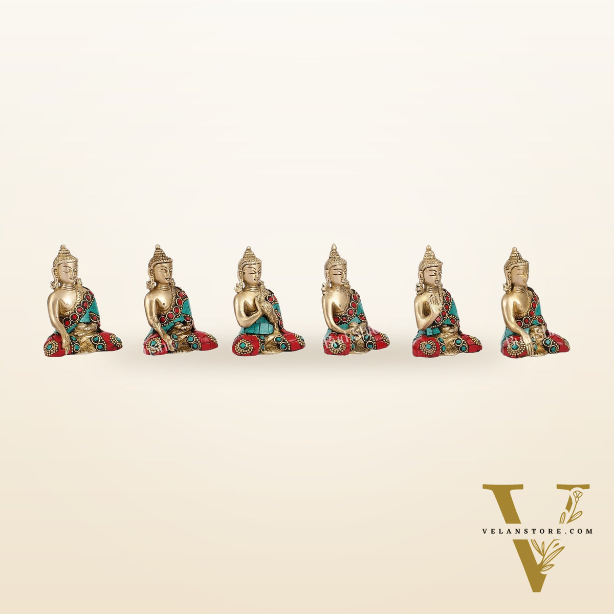 Sacred Set of 6 Miniature Pure Brass Buddha Statues - 6 Mudras