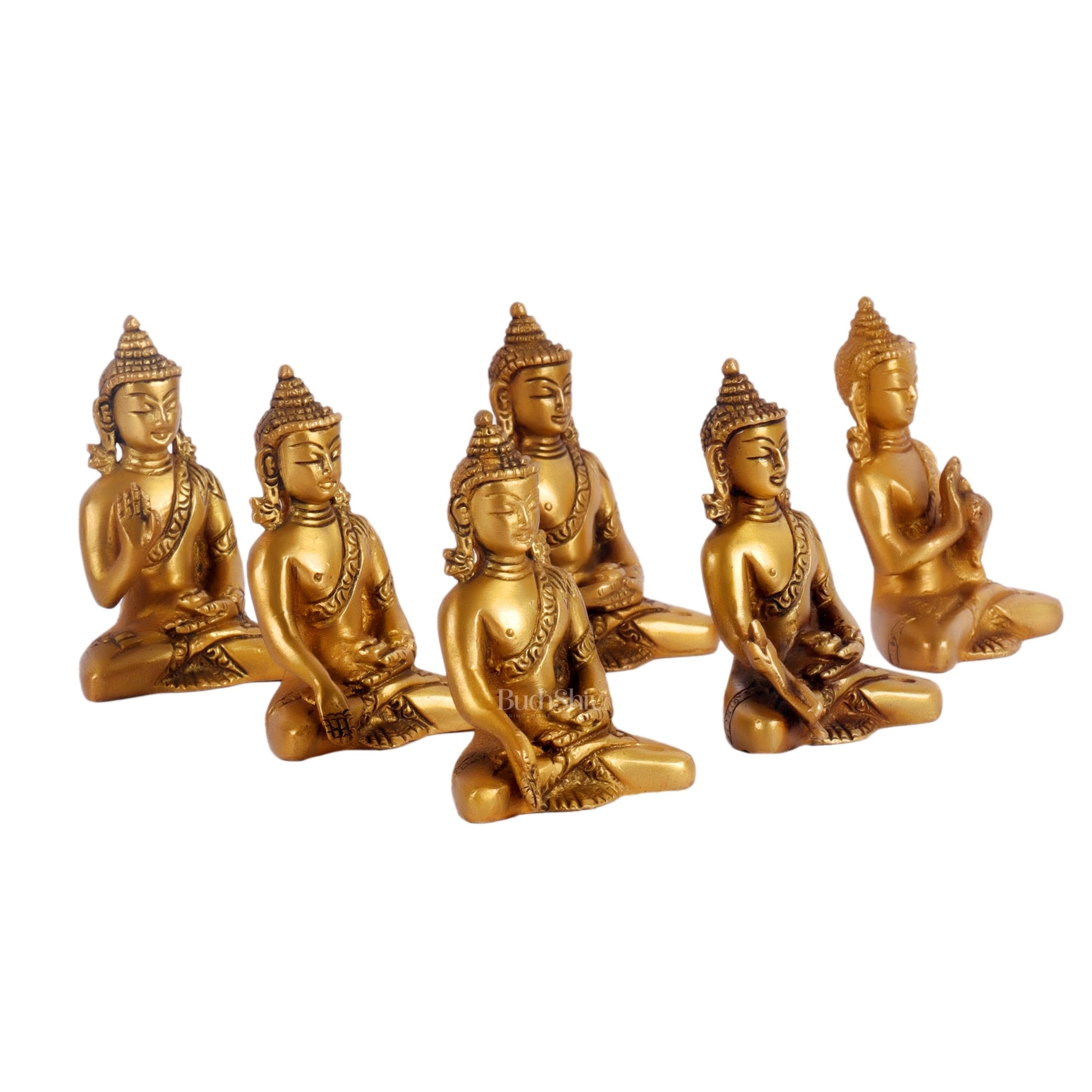 Sacred Set of 6 Miniature Pure Brass Buddha Statues - 6 Mudras
