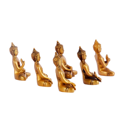 Sacred Set of 6 Miniature Pure Brass Buddha Statues - 6 Mudras