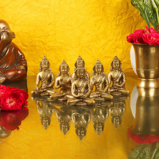 Sacred Set of 6 Miniature Pure Brass Buddha Statues - 6 Mudras