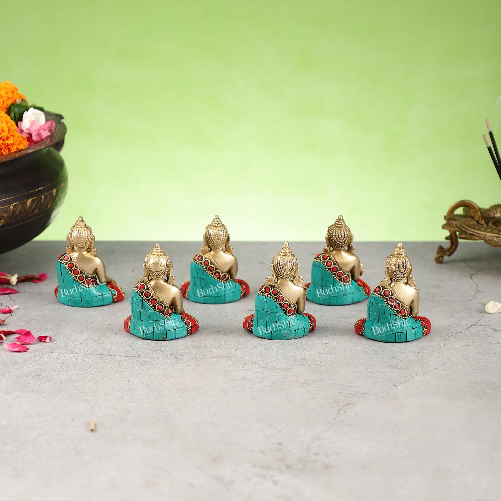 Sacred Set of 6 Miniature Pure Brass Buddha Statues - 6 Mudras