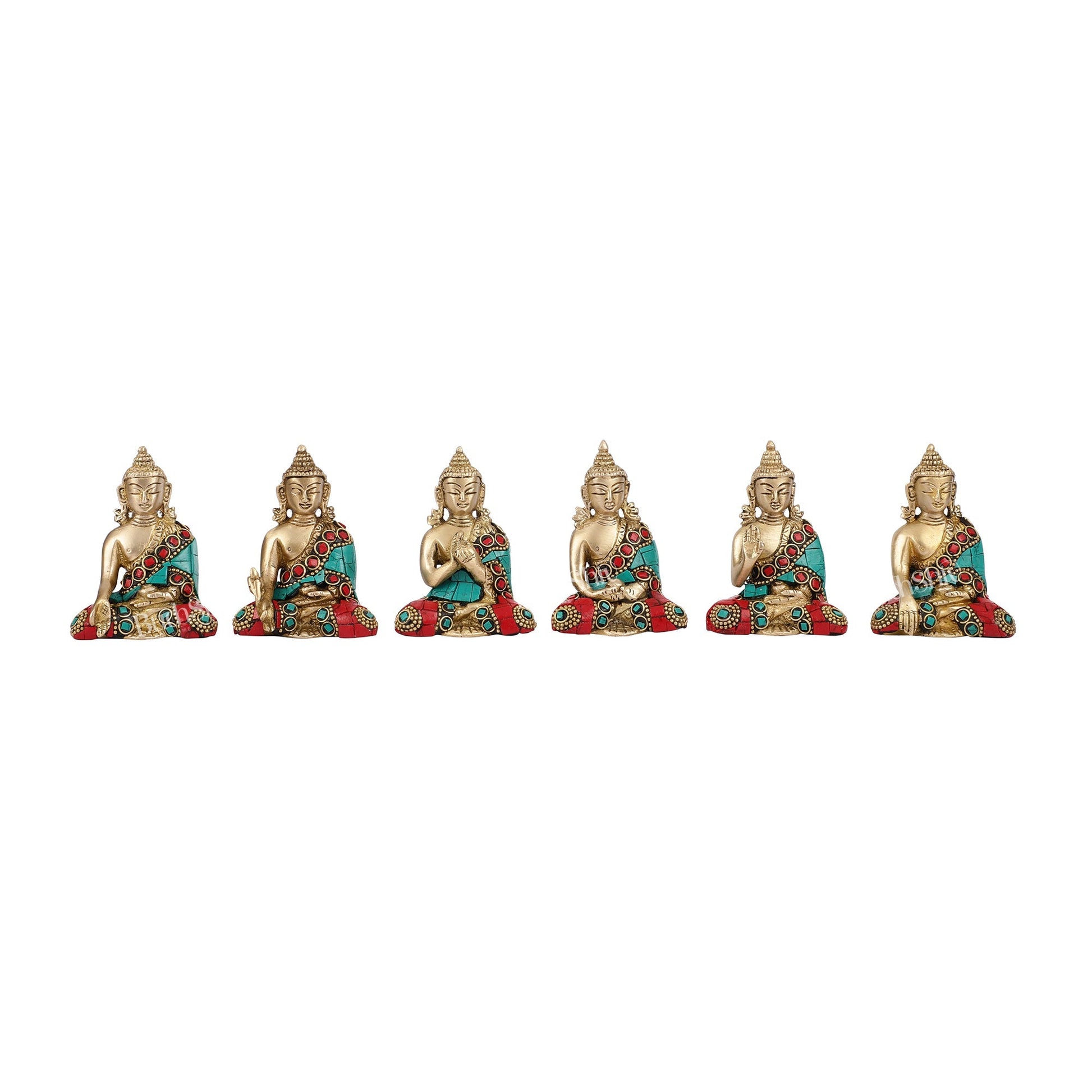 Sacred Set of 6 Miniature Pure Brass Buddha Statues - 6 Mudras
