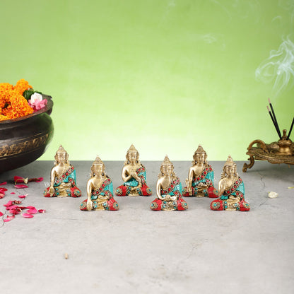 Sacred Set of 6 Miniature Pure Brass Buddha Statues - 6 Mudras