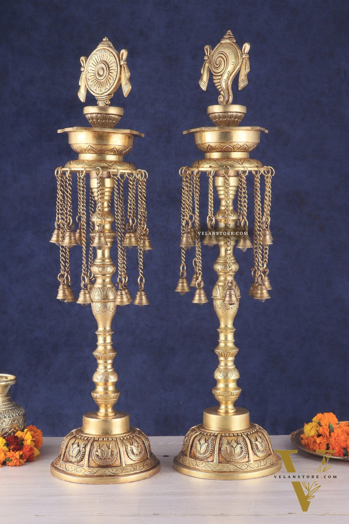 Sacred Superfine Brass Shankh Chakra Oil Lamps 30 inch