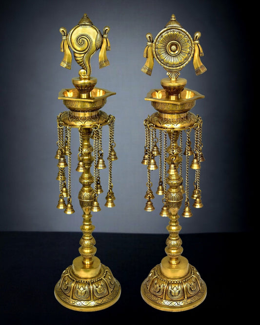 Sacred Superfine Brass Shankh Chakra Oil Lamps - Pair 30 inch