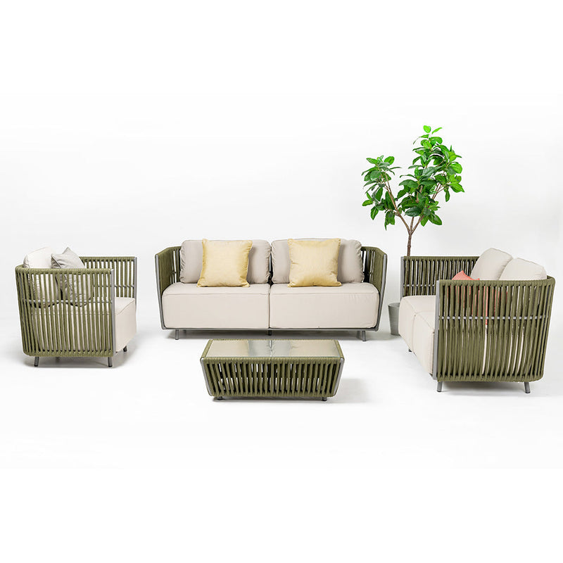 Klara Outdoor Garden Balcony Sofa Set 3 Seater,2 seater and Single Seater With 1 Table Set, Braid & Rope (Green + Beige)