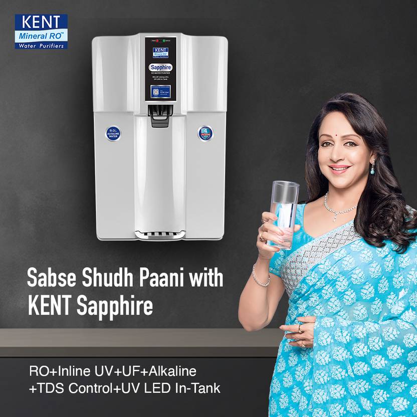 Kent Sapphire 8 L RO + In-Tank UV + UF + Alkaline + Minerals Water Purifier Fully Automatic On & OFF Operation.0001 Micron RO Membrane20 LPH8L Ideal