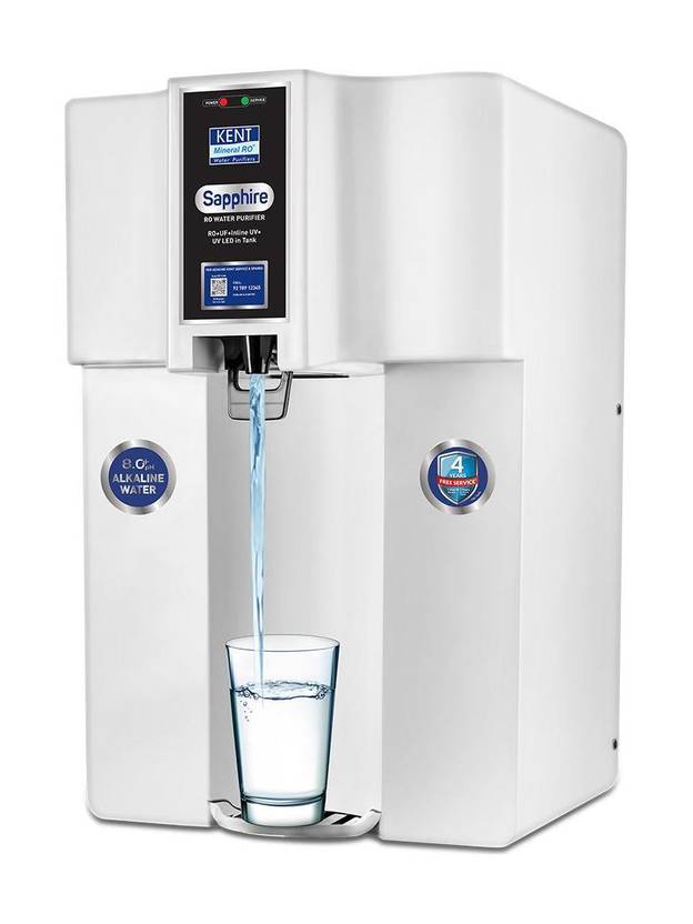 Kent Sapphire 8 L RO + In-Tank UV + UF + Alkaline + Minerals Water Purifier Fully Automatic On & OFF Operation.0001 Micron RO Membrane20 LPH8L Ideal