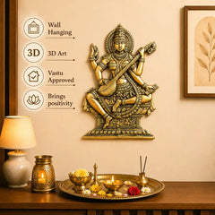 Brass Goddess Saraswati Wall Hanging Idol (14.5 Inch)