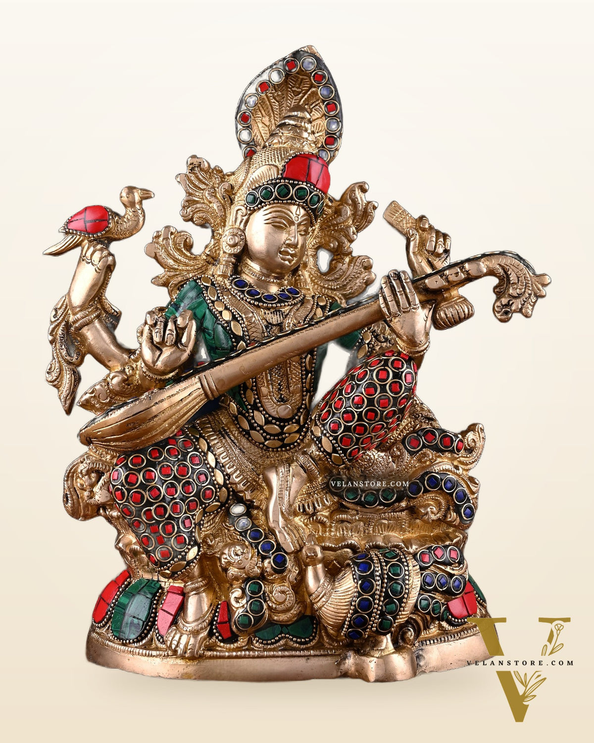Saraswati brass idol 11 inch stonework