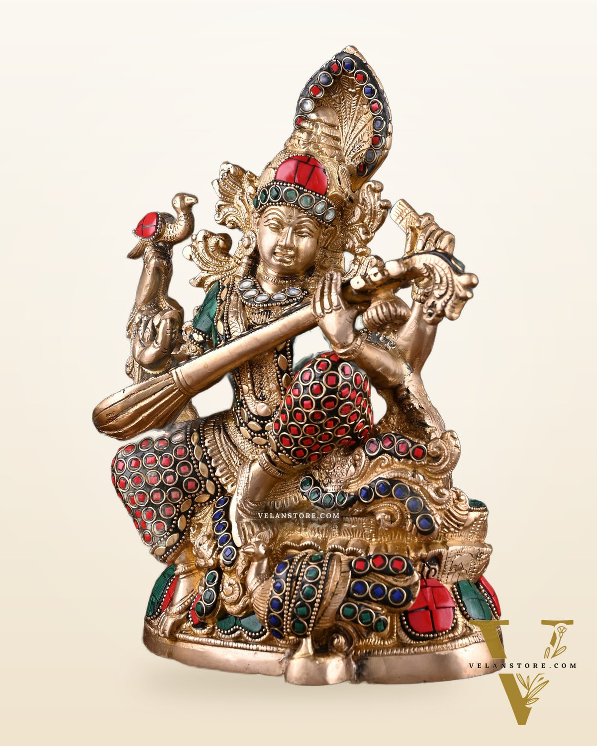 Saraswati brass idol 11 inch stonework