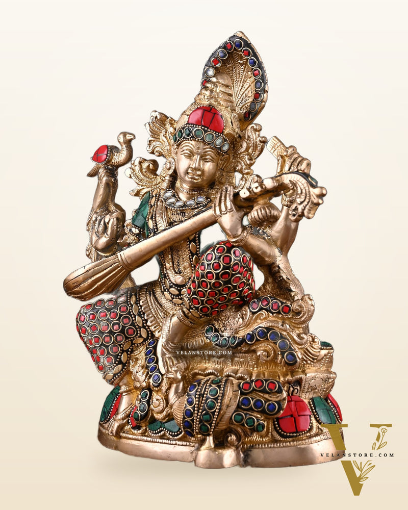 Saraswati brass idol 11 inch stonework
