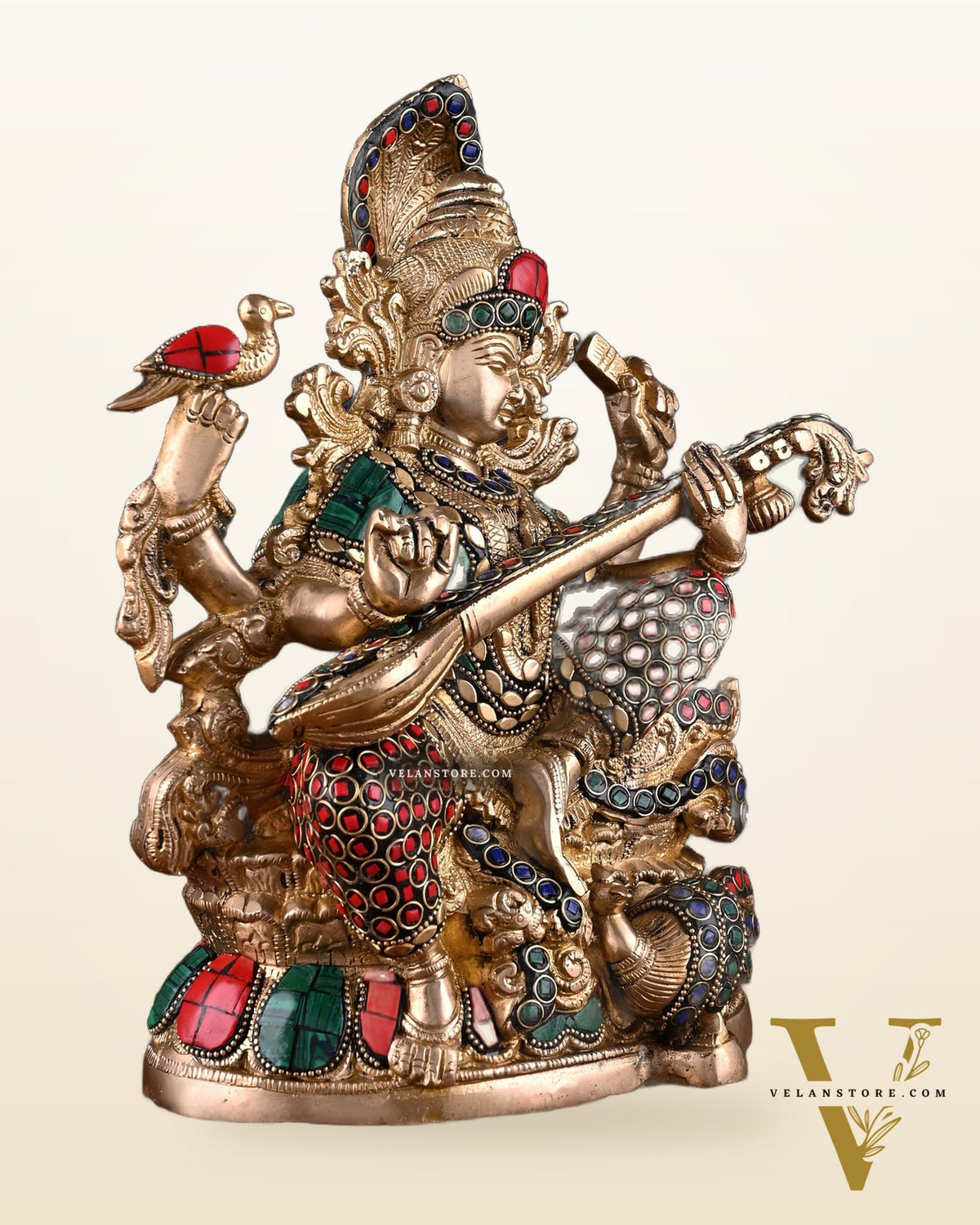 Saraswati brass idol 11 inch stonework
