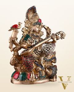 Saraswati brass idol 11 inch stonework