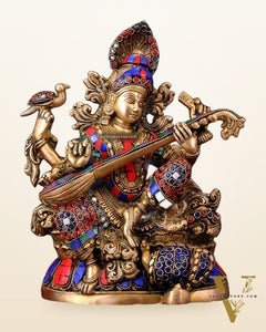 Saraswati brass idol 11 inch with Stonework