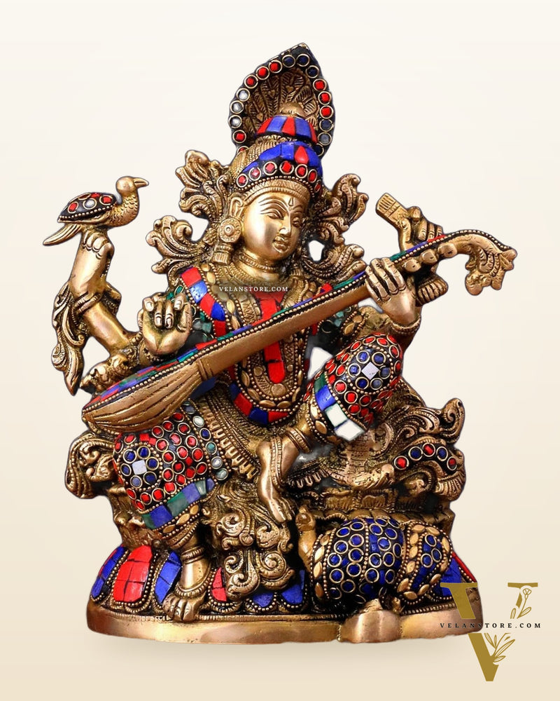 Saraswati brass idol 11 inch with Stonework