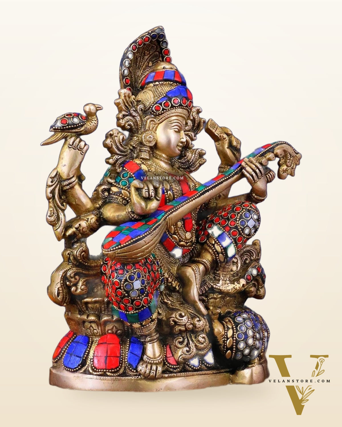 Saraswati brass idol 11 inch with Stonework
